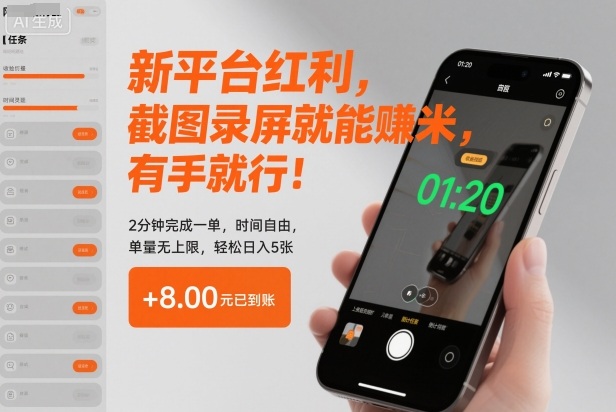 新平台红利，截图录屏就能賺米，有手就行！2分钟完成一单，时间自由，单量无上限，轻松日入5张【揭秘】小淇云库-创业网-网赚副业-网创副业-项目拆解-技术类创业资源网-副业网-免费资源下载小淇云库