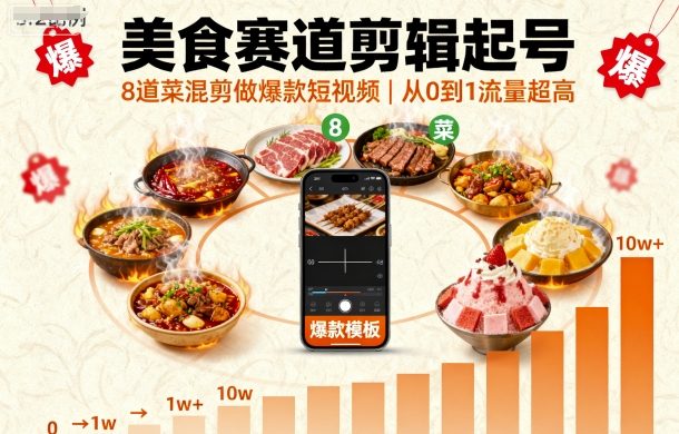美食赛道剪辑起号，8道菜混剪做爆款短视频，从0到1，流量超高小淇云库-创业网-网赚副业-网创副业-项目拆解-技术类创业资源网-副业网-免费资源下载小淇云库