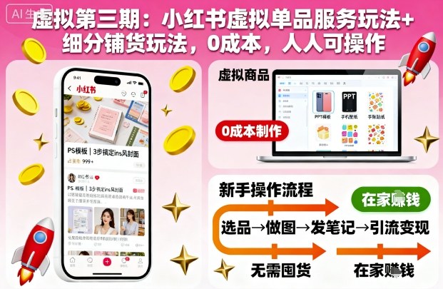 虚拟第三期:小红书虚拟单品服务玩法+细分铺货玩法,0成本,人人可操作(更新)小淇云库-创业网-网赚副业-网创副业-项目拆解-技术类创业资源网-副业网-免费资源下载小淇云库