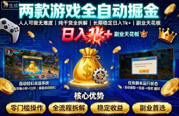 两款游戏全自动掘金，人人可做无难度，纯干货全拆解，长期稳定，日入1k+，副业天花板【揭秘】小淇云库-创业网-网赚副业-网创副业-项目拆解-技术类创业资源网-副业网-免费资源下载小淇云库