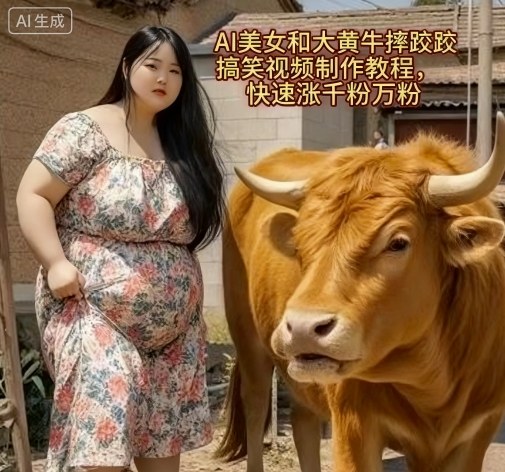 AI美女和大黄牛摔跤搞笑荒诞视频制作教程,快速涨千粉万粉小淇云库-创业网-网赚副业-网创副业-项目拆解-技术类创业资源网-副业网-免费资源下载小淇云库