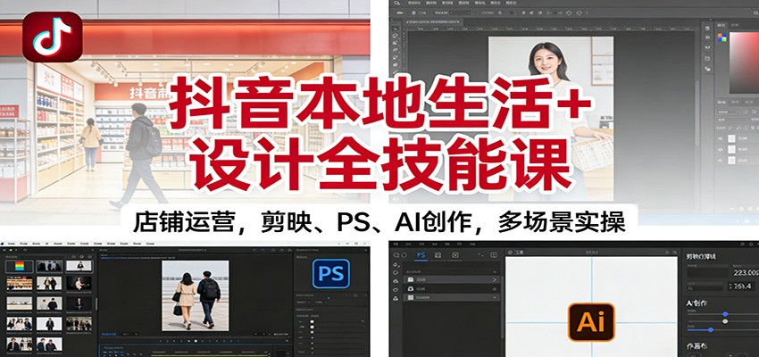 抖音本地生活+设计全技能课：店铺运营，剪映、PS、AI创作，多场景实操小淇云库-创业网-网赚副业-网创副业-项目拆解-技术类创业资源网-副业网-免费资源下载小淇云库
