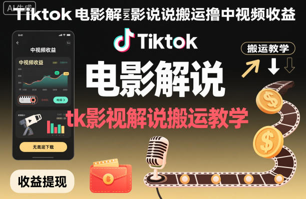 Tiktok电影解说搬运撸中视频收益，tk影视解说搬运教学小淇云库-创业网-网赚副业-网创副业-项目拆解-技术类创业资源网-副业网-免费资源下载小淇云库