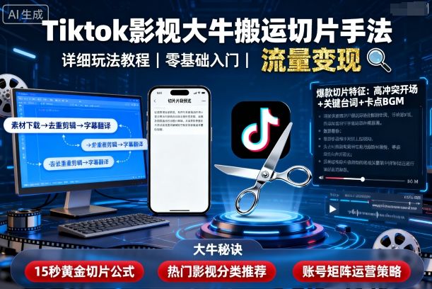 Tiktok影视大牛搬运切片手法，详细玩法教程小淇云库-创业网-网赚副业-网创副业-项目拆解-技术类创业资源网-副业网-免费资源下载小淇云库