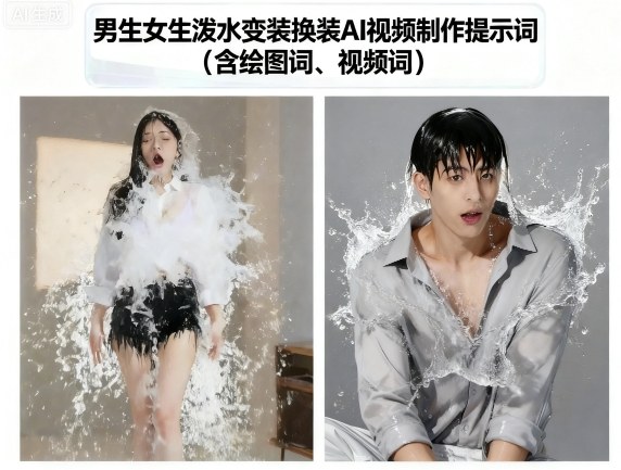 男生女生泼水变装换装AI视频制作提示词(含绘图词、视频词)小淇云库-创业网-网赚副业-网创副业-项目拆解-技术类创业资源网-副业网-免费资源下载小淇云库