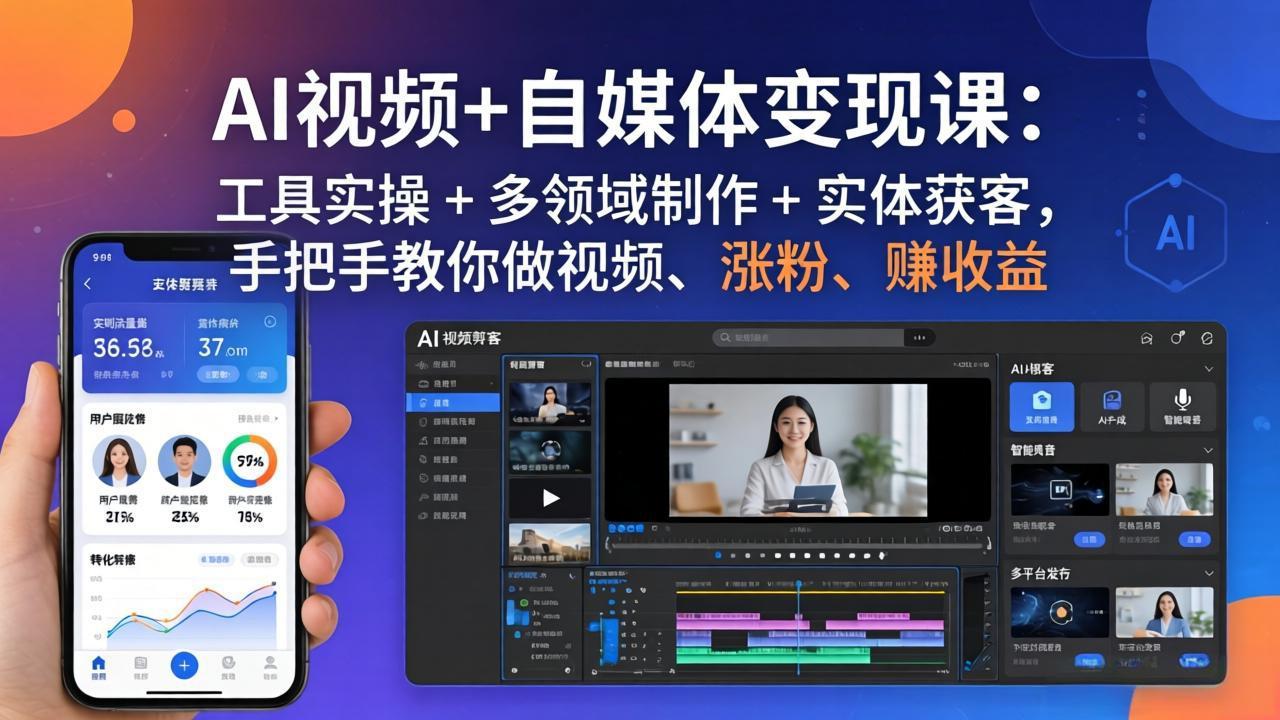 AI视频+自媒体变现课：工具实操 + 多领域制作 + 实体获客，手把手教你做视频、涨粉、赚收益小淇云库-创业网-网赚副业-网创副业-项目拆解-技术类创业资源网-副业网-免费资源下载小淇云库