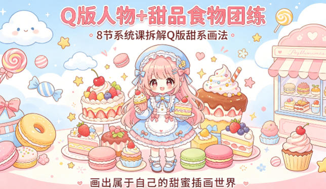 Q版人物+甜品食物团练,8节系统课拆解Q版甜系画法,画出属于自己的甜蜜插画世界-荆楚AI