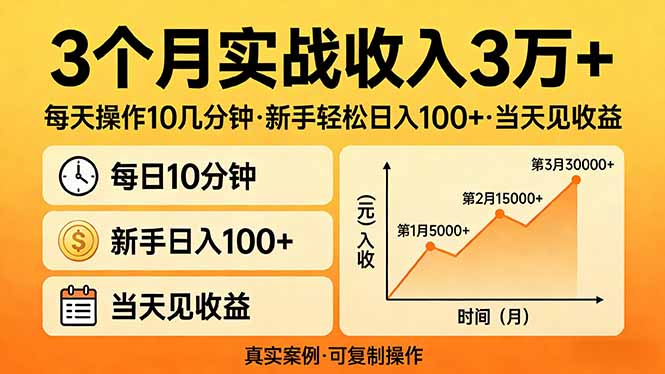 3个月实战收入3万+，每天操作10几分钟，新手轻松日入100+，当天见收益小淇云库-创业网-网赚副业-网创副业-项目拆解-技术类创业资源网-副业网-免费资源下载小淇云库