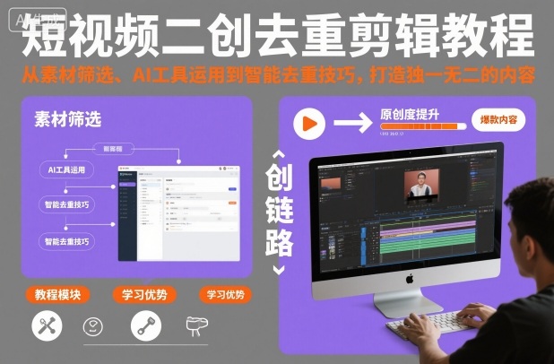 短视频二创去重剪辑教程，从素材筛选、AI工具运用到智能去重技巧，打造独一无二的内容小淇云库-创业网-网赚副业-网创副业-项目拆解-技术类创业资源网-副业网-免费资源下载小淇云库