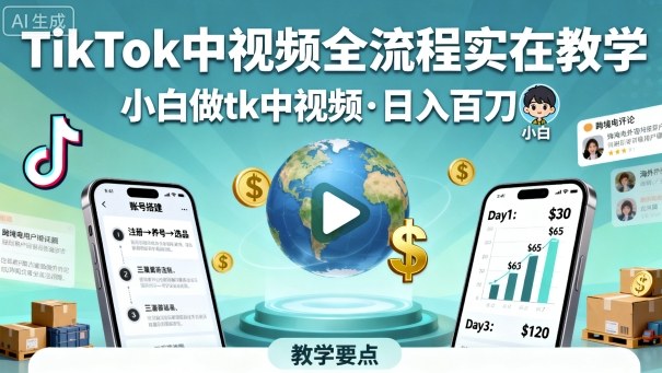 TikTok中视频全流程实操教学,小白做tk中视频,日入百刀小淇云库-创业网-网赚副业-网创副业-项目拆解-技术类创业资源网-副业网-免费资源下载小淇云库